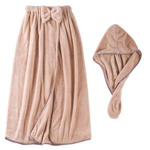 Peignoir-serviette portable et turban, polaire corail — Linge de maison