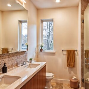 Salle de bain rénovée : double vasque sur plan en pierre, grand miroir avec rampe lumineuse, cabine de douche vitrée et sol carrelé