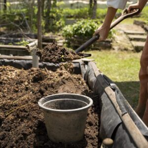 Bêchage d’un massif de terre au jardin, seau posé le long de la bordure